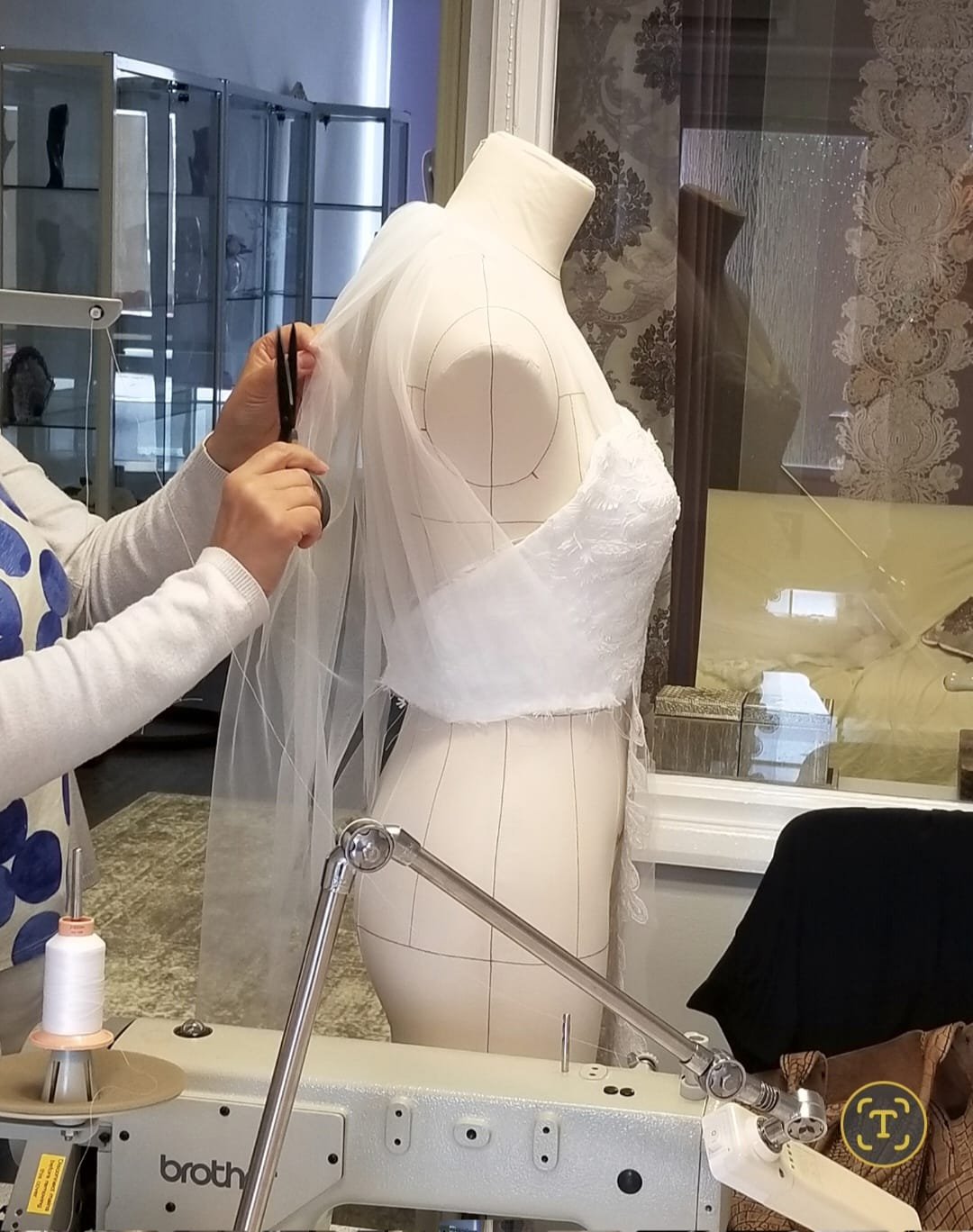 Bespoke gown fabric, lace and dressmaking detail 1