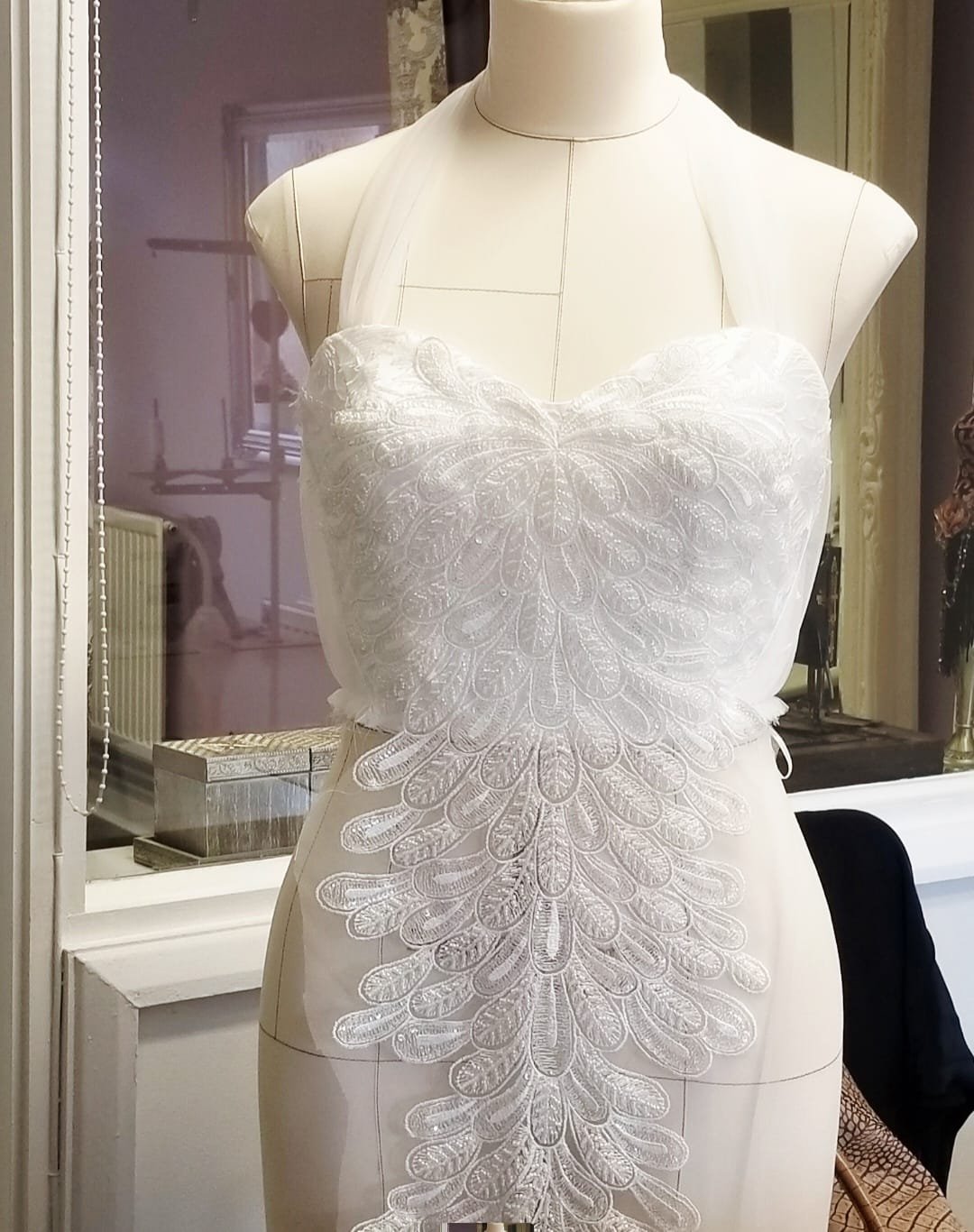 Bespoke gown fabric, lace and dressmaking detail 2
