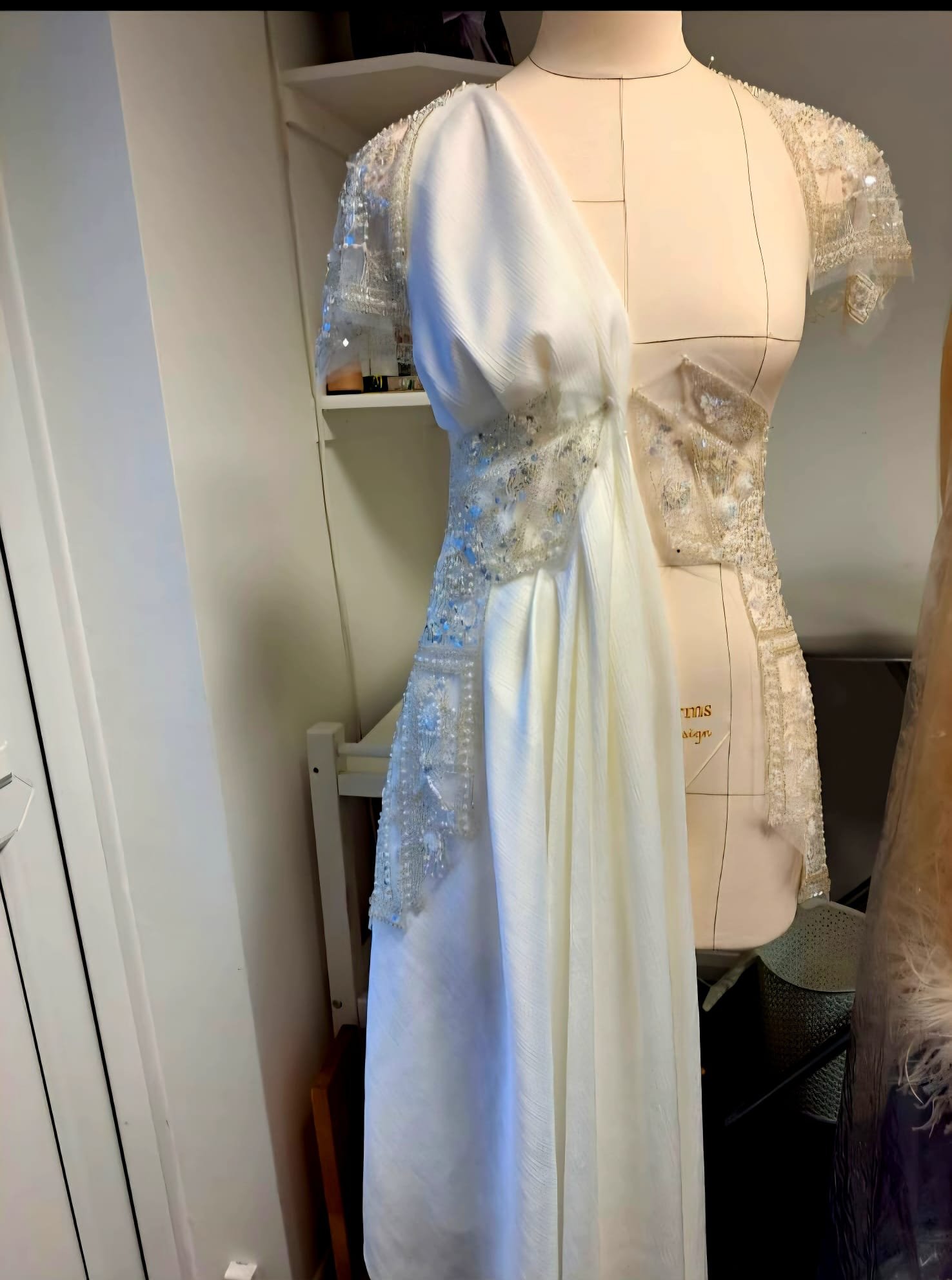 Bespoke gown fabric, lace and dressmaking detail 3
