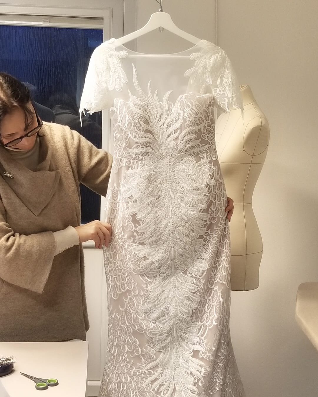 Bespoke gown fabric, lace and dressmaking detail 4