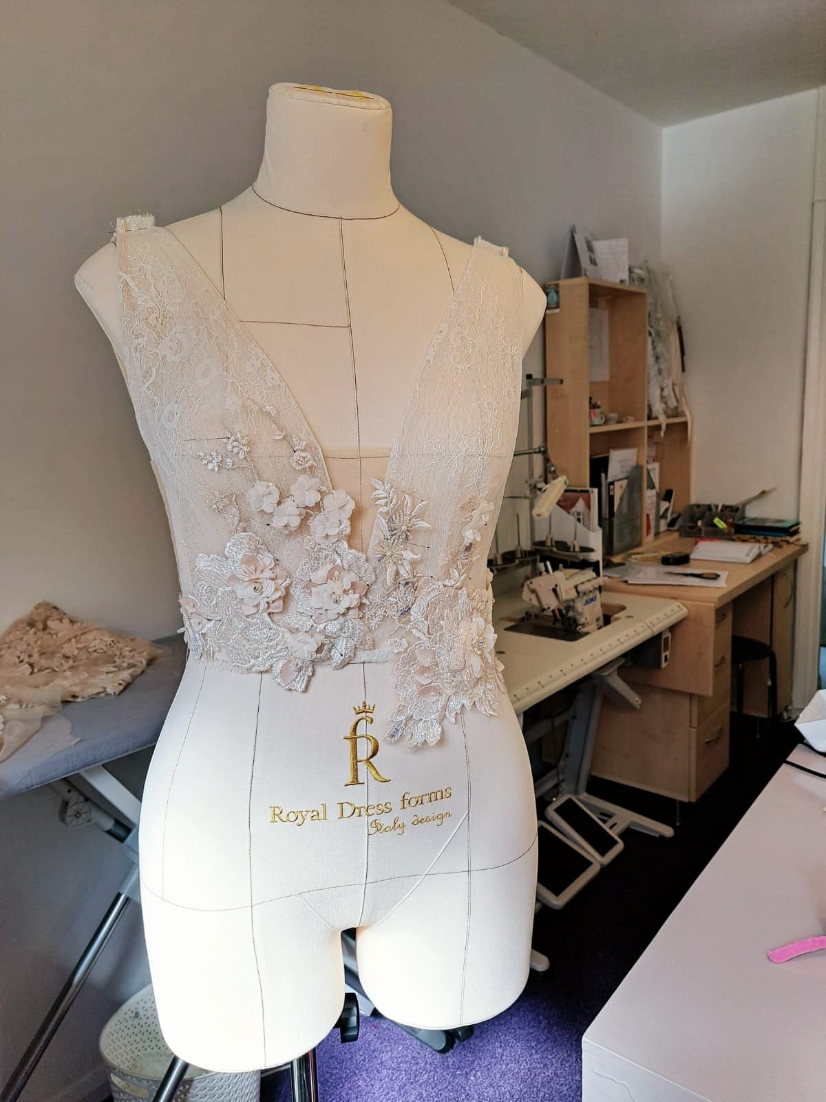 Bespoke gown fabric, lace and dressmaking detail 5