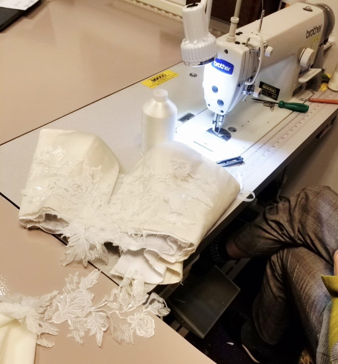 Bespoke gown fabric, lace and dressmaking detail 6