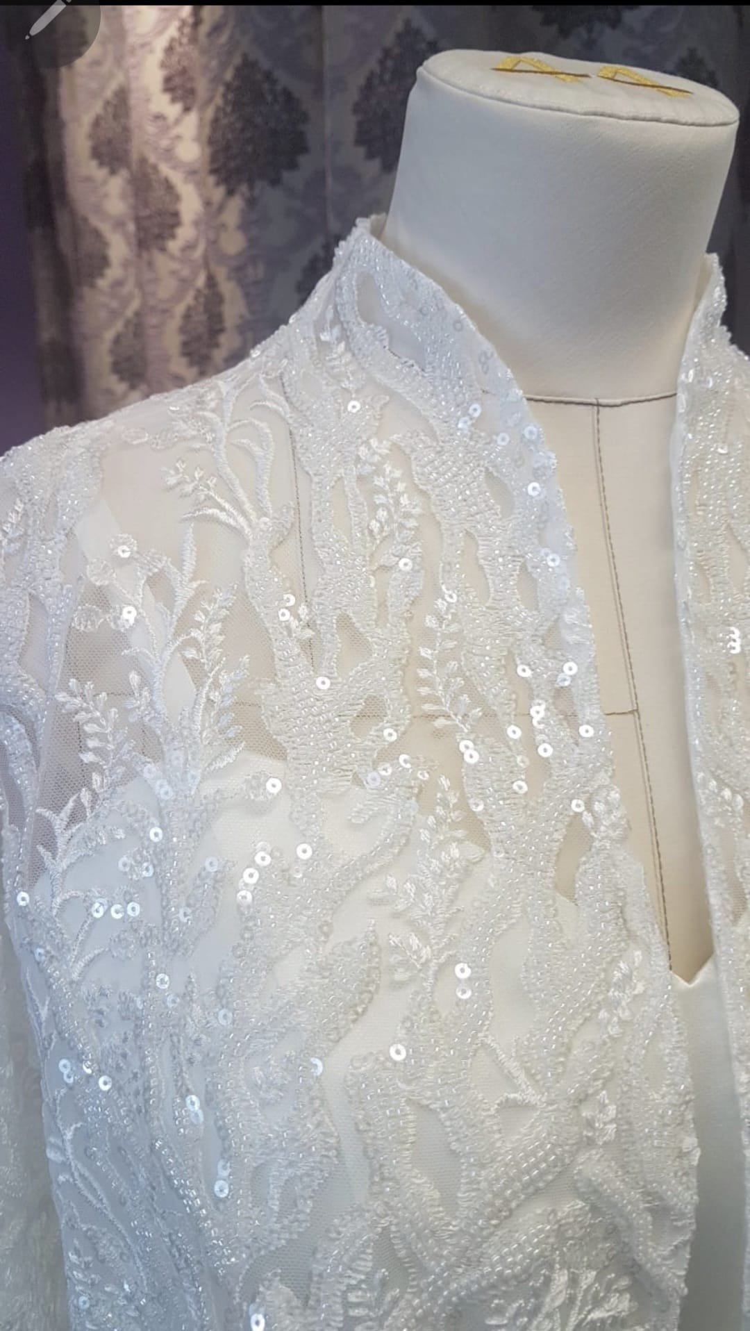 Bespoke gown fabric, lace and dressmaking detail 7