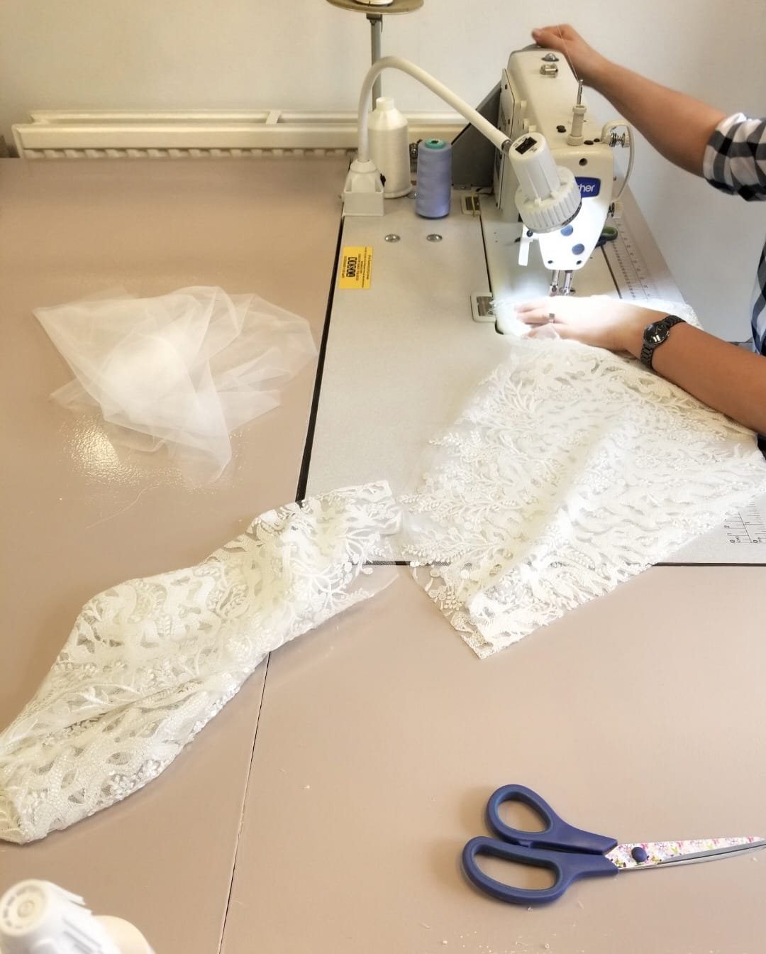 Bespoke gown fabric, lace and dressmaking detail 8
