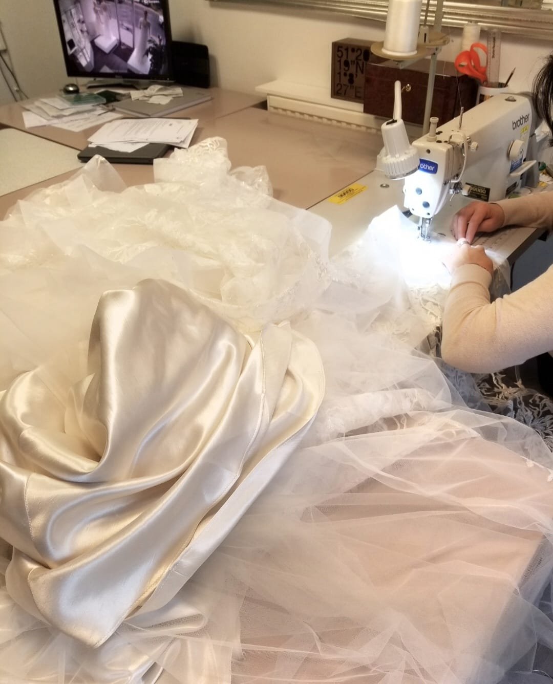 Bespoke gown fabric, lace and dressmaking detail 9