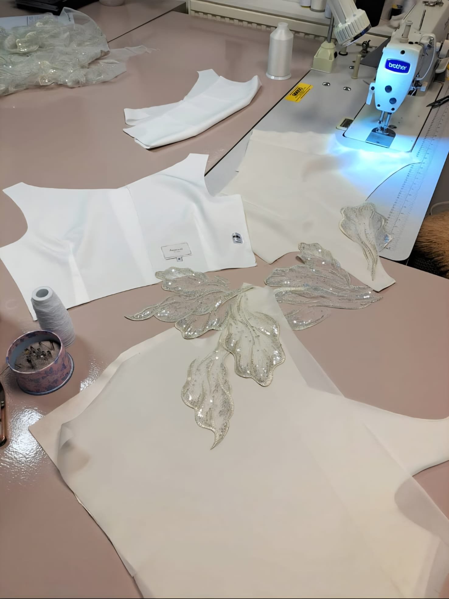 Bespoke gown fabric, lace and dressmaking detail 10