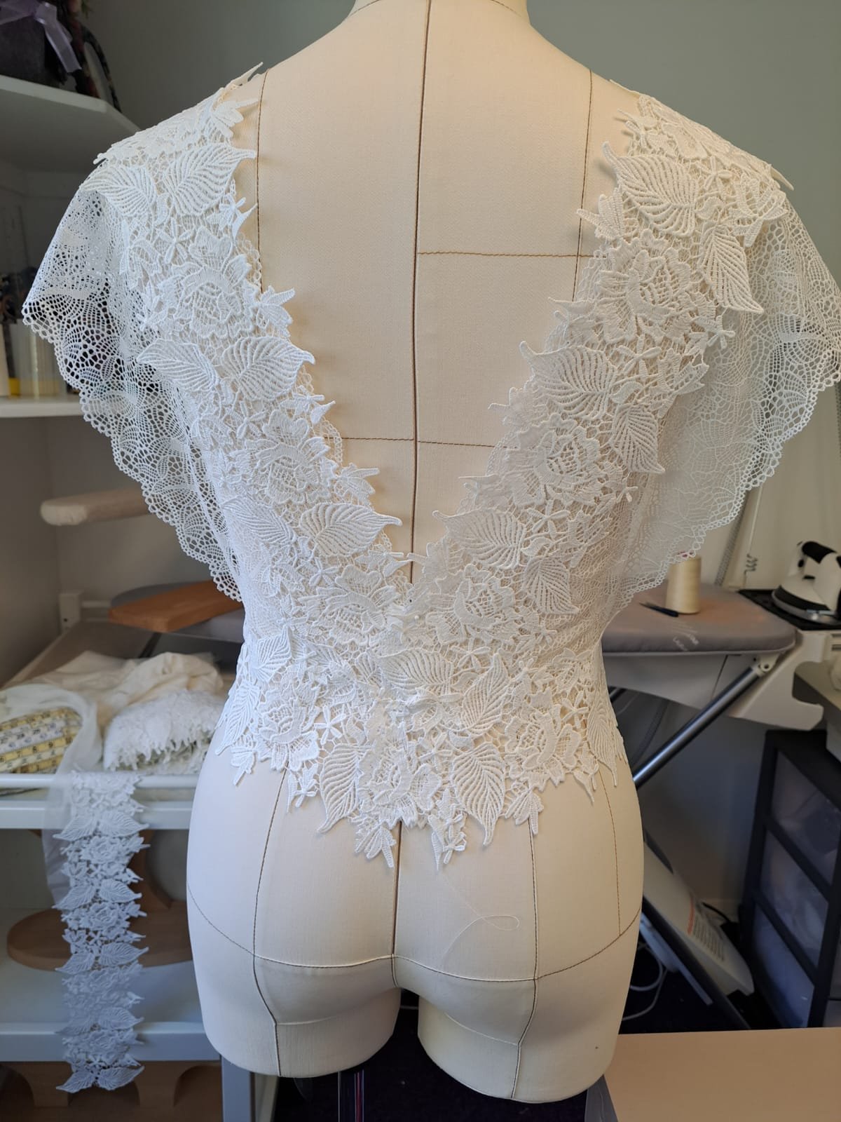 Bespoke gown fabric, lace and dressmaking detail 13